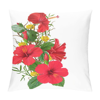 Personality  Flower Composition. Weaving Thin Branches. Red Hibiscus Flowers, Green Leaves. Isolated. Pillow Covers