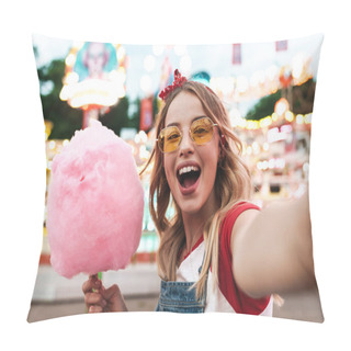 Personality  Image Of Excited Blonde Woman Holding Sweet Cotton Candy While T Pillow Covers