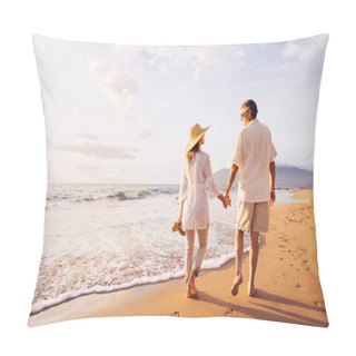 Personality  Mature Couple Walking On The Beach At Sunset Pillow Covers