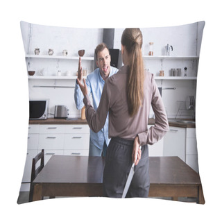 Personality  Back View Of Woman Holding Knife While Husband Yelling At Her During Quarrel Pillow Covers