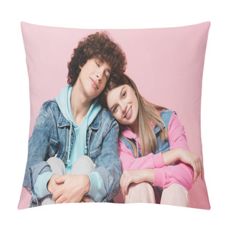 Personality  Smiling Teenager Looking At Camera Near Boyfriend With Closed Eyes On Pink Background Pillow Covers