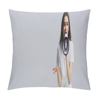 Personality  Young Pretty Woman Screaming In Loudspeaker Isolated On Grey, Panoramic Shot Pillow Covers