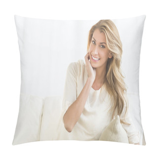 Personality  Happy Woman Sitting On Sofa Pillow Covers