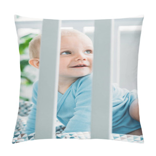 Personality  Adorable Little Baby Lying In Crib And Looking Away Pillow Covers