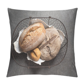 Personality  Top View Of Ciabatta Bread In Basket On Grey Backdrop Pillow Covers