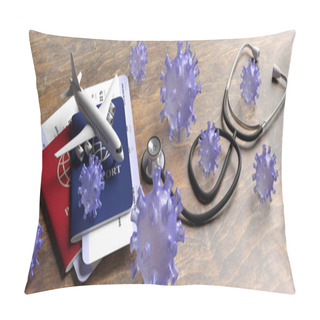 Personality  Flu Coronavirus And Doctor Stethoscope On Wood. 3d Illustration Pillow Covers