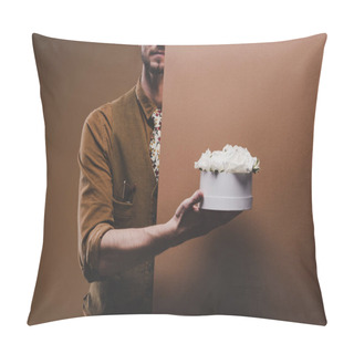 Personality  Young Man In Vintage Styled Clothes Holding Box With Flowers Isolated On Brown Pillow Covers