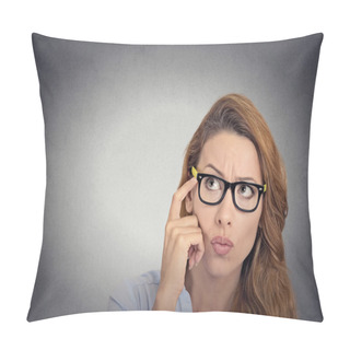 Personality  Thoughtful Young Woman With Glasses Looking Confused  Pillow Covers