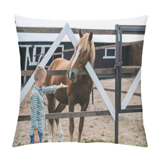 Personality  Side View Of Boy Reaching Hand And Lookign At Beautiful Horse At Ranch Pillow Covers