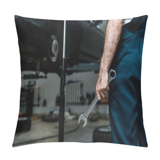 Personality  Cropped View Of Car Mechanic Holding Hand Wrench In Car Repair Station  Pillow Covers