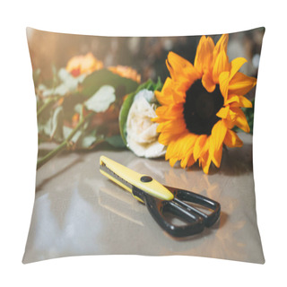 Personality  Scissors With Roses And Sunflower On Grey Table  Pillow Covers