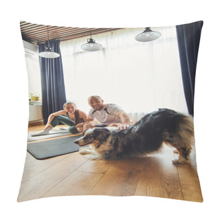 Personality  Joyful Couple In Sportswear Petting Border Collie While Sitting On Fitness Mats At Home Pillow Covers
