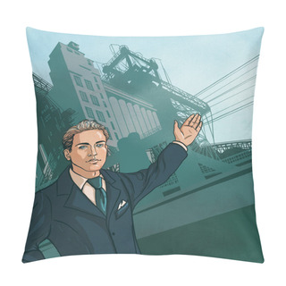 Personality  Handsom Man In Business Suit Shows Industrial Production Pillow Covers