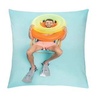 Personality  High Angle View Of Smiling Man In Swimming Flippers And Inflatable Rings Sitting On Deck Chair On Blue Background  Pillow Covers