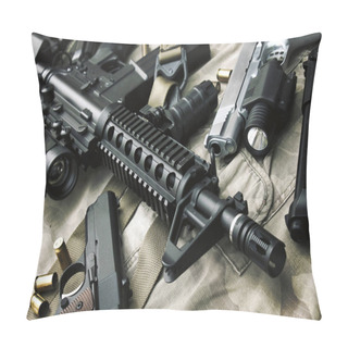 Personality  Weapons And Military Equipment For Army, Assault Rifle Gun (M4A1) And Pistol On Camouflage Background. Pillow Covers
