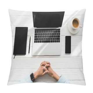 Personality  Top View Of Woman Sitting With Clenched Hands Near Laptop, Smartphone And Cup With Coffee  Pillow Covers