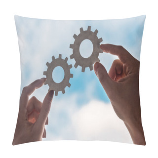 Personality  Cropped View Of Man And Woman Holding Gears On Blue Sky Background Pillow Covers