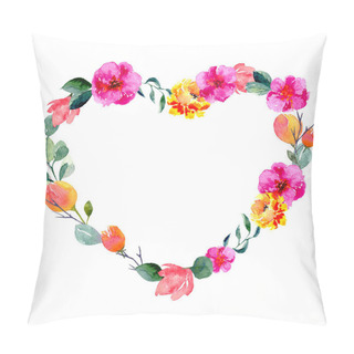 Personality  Watercolor Floral Frame In Heart Shape. Background With Fresh Foliage, Bright Flowers And Place For Text Pillow Covers