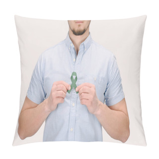 Personality  Partial View Of Man With Green Awareness Ribbon For Adrenal Cancer, Aging Research Awareness, BiPolar Disorder Isolated On White Pillow Covers