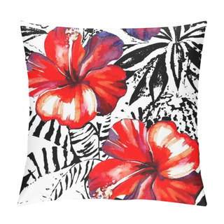 Personality  Tropical Hibiscus Watercolor And Graphic Exotic Plants Seamless  Pillow Covers