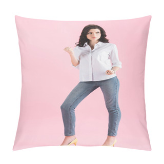 Personality  Serious Brunette Woman Showing Fist, Isolated On Pink Pillow Covers
