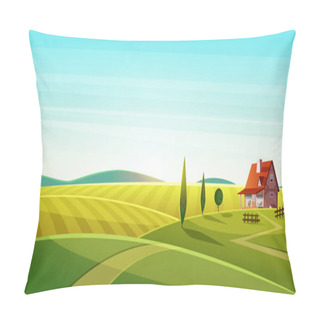 Personality  Rural Landscape With Village House On Green Fields And Rye Fields Pillow Covers