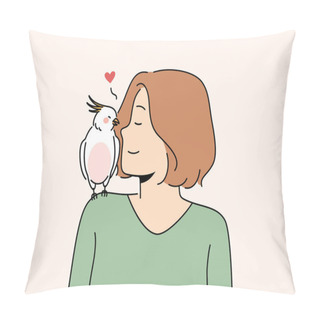 Personality  Happy Woman With Parrot Sitting On Shoulder. Smiling Girl Talk Cuddle With Exotic Bird. Ornithology Concept. Vector Illustration.  Pillow Covers