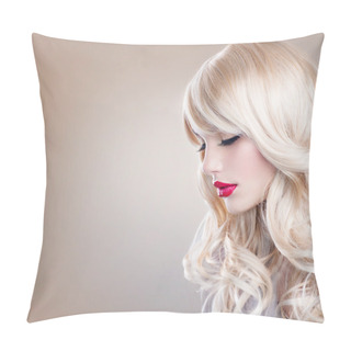 Personality  Blonde Woman Portrait. Beautiful Blond Girl With Long Wavy Hair Pillow Covers