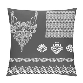 Personality  Vector Set Of Decorative Lace Elements For Design And Fashion In Ethnic Indian Style. Neckline, Seamless, Borders And Patterns Pillow Covers