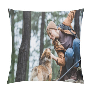 Personality  Cheerful Woman In Hat Cuddling Dog In Woods Pillow Covers
