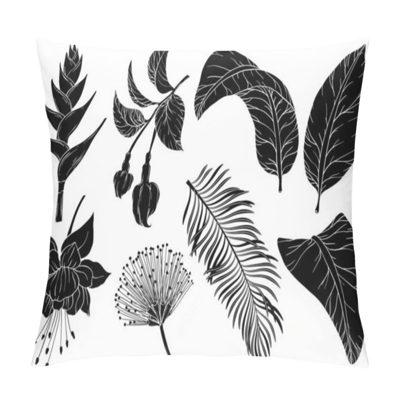Personality  Tropical flowers and leaves silhouettes. Set of vector jungle leaves and exotic plants pillow covers