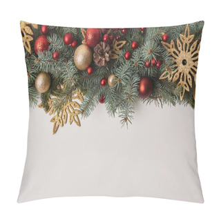 Personality  Top View Of Fir Twigs With Christmas Toys And Golden Snowflakes Isolated On White Pillow Covers