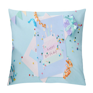 Personality  Top View Of Colorful Confetti Near Gift Boxes And Birthday Greeting Cards On Blue Background Pillow Covers