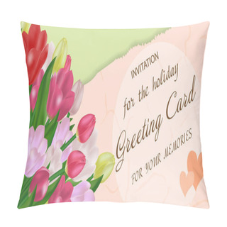 Personality  Bouquet Tulips And A Piece Of Aged Paper With Free Space For Text. Greeting Card With Flowers. Vector Pillow Covers