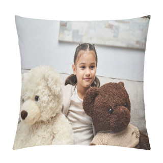 Personality  Cute Elementary Age Girl In Casual Wear Sitting On Sofa With Soft Teddy Bears In Living Room Pillow Covers