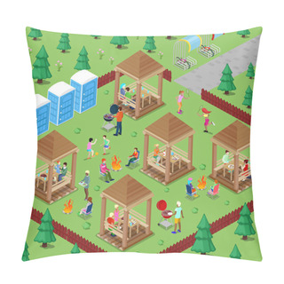 Personality  Family Grill BBQ Area In The Forest With Active People Cooking Meat And Playing Sports. Isometric City. Vector Illustration Pillow Covers