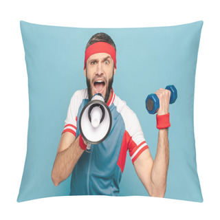 Personality  Emotional Stylish Sportsman Yelling In Loudspeaker And Holding Dumbbell On Blue Background Pillow Covers