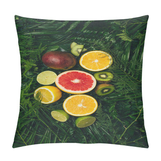 Personality  Top View Of Juicy Fruits On Green Palm Leaves Pillow Covers