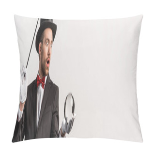 Personality  Panoramic Shot Of Shocked Magician Holding Wand And Magic Ball, Isolated On Grey Pillow Covers