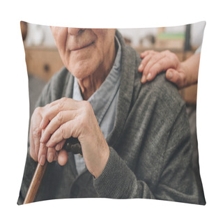 Personality  Cropped View Of Happy Pensioner With Wife Hands On Shoulder  Pillow Covers