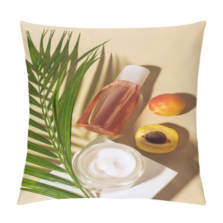 Personality  Flat Lay With Body Cream And Lotion, Apricots And Green Palm Leaf On Beige Background Pillow Covers