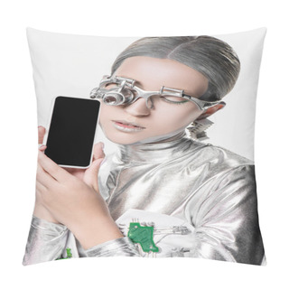Personality  Silver Robot Holding Smartphone With Blank Screen Isolated On White, Future Technology Concept Pillow Covers