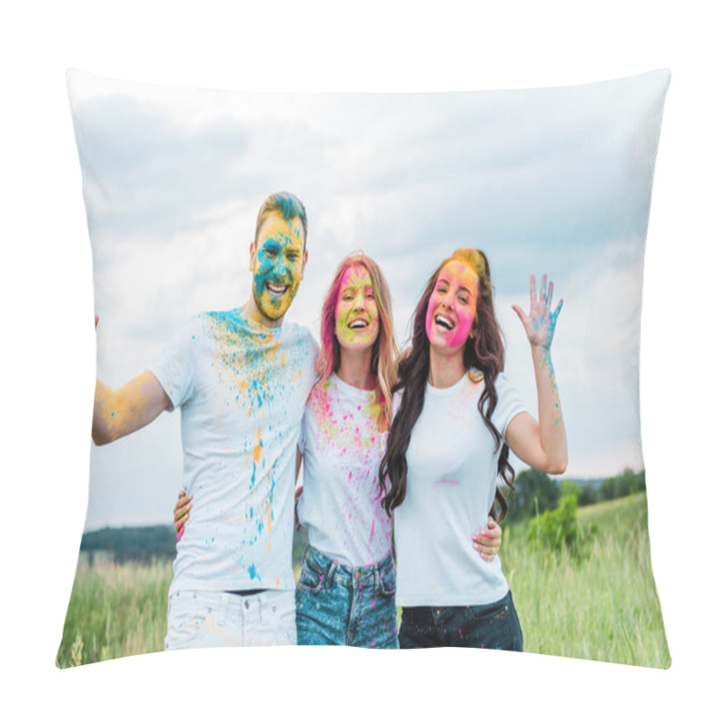 Personality  happy group of friends with holi paints on faces smiling outdoors  pillow covers