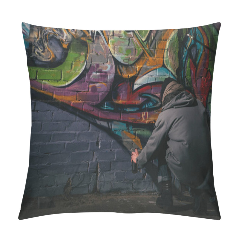 Personality  Rear View Of Street Artist Painting Graffiti With Aerosol Paint On Wall At Night Pillow Covers