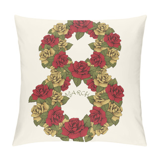 Personality  8 March International Women's Day, Flower Figure. The Number Of Red And Yellow Rosebuds And Leaves. Ornate, Floral, Vegetable Letter. Greeting Card In Vintage Style. Decorative Element For Design Pillow Covers