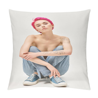 Personality  Tattooed And Topless Woman With Pink Hair Sitting In Denim Blue Jeans On Grey Background, Sexy Pillow Covers
