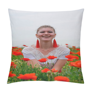 Personality  Blonde Young Woman In Red Skirt And White Shirt, Red Earrings Is In The Middle Of A Poppy Field. Pillow Covers