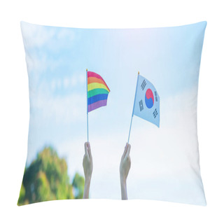 Personality  Hands Showing LGBTQ Rainbow And Korea Flag On Nature Background. Support Lesbian, Gay, Bisexual, Transgender And Queer Community And Pride Month Concept Pillow Covers