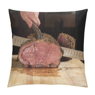 Personality  Close Up Of A Large Prime Rib Roast Being Sliced For Dinner Service Pillow Covers