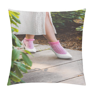 Personality  Low Section Of Girl In Dress And Stylish White Shoes Walking On Wooden Walkway Pillow Covers